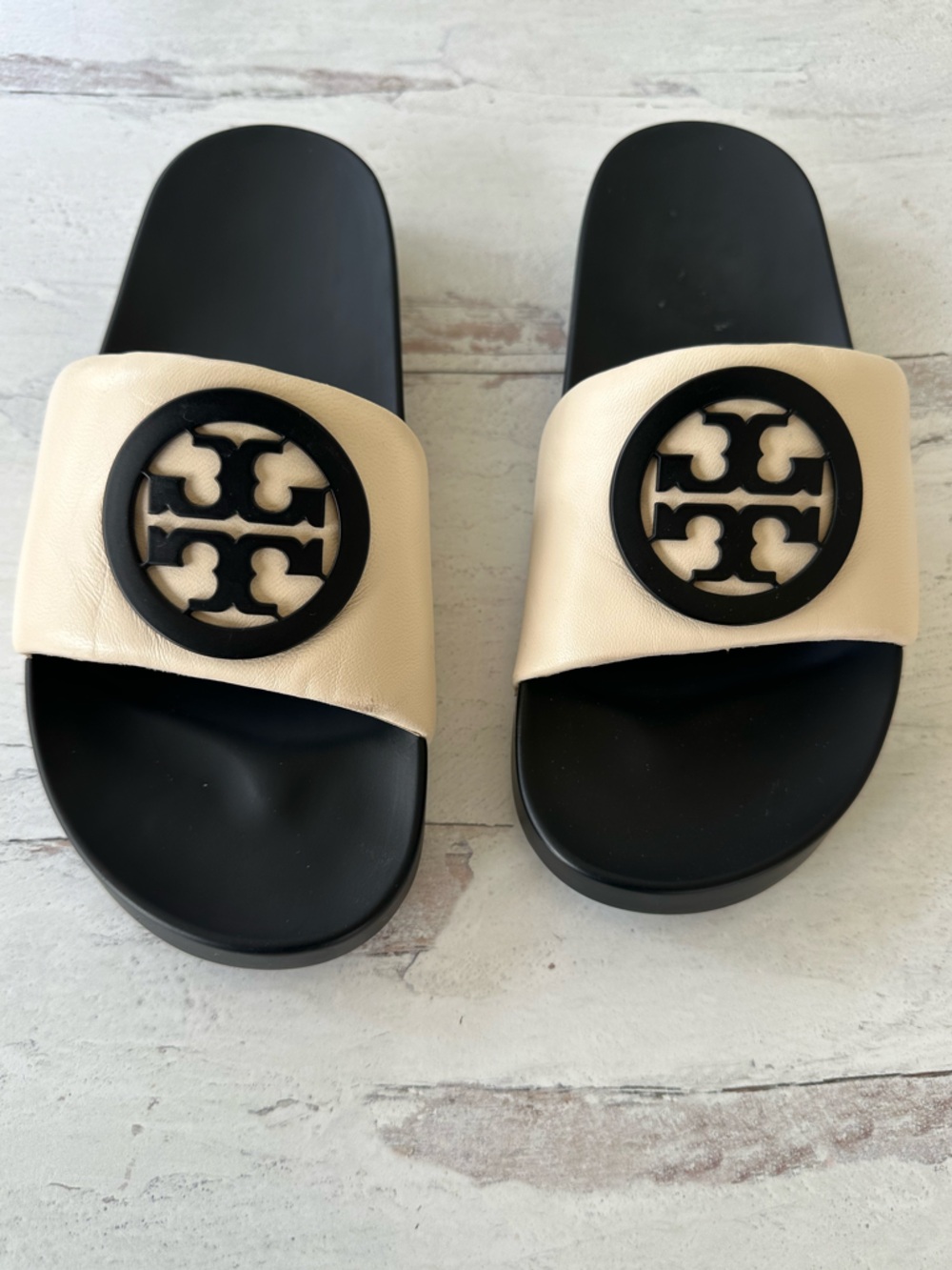 Tory Burch Black & Cream Logo Slide Sandals - Picture 9 of 12